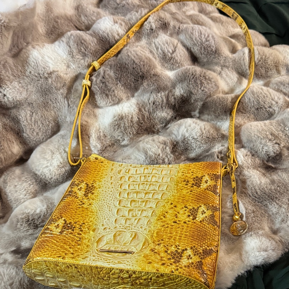 Yellow Crocodile Embossed Shoulder Bag